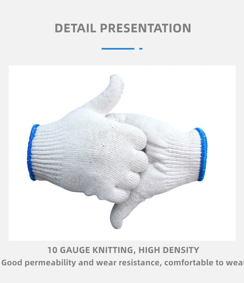 7/10gauge Bleached White Cotton Knitted Glove Industrial Hand Guantes Safety Work Gloves